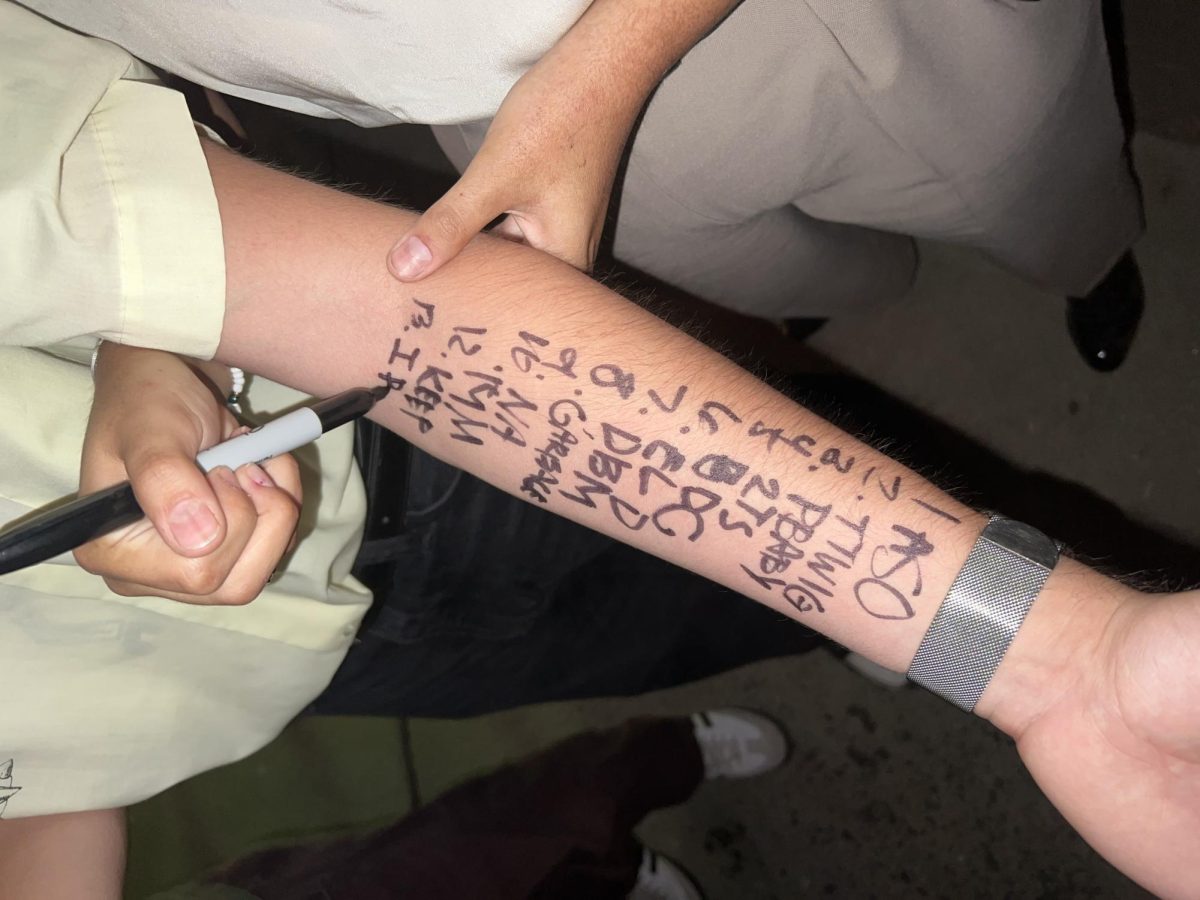 The nights setlist, written on Esia Medranos forearm for safekeeping during an energetic performance and David Byrne Stop Making Sense dance tribute. 
