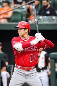 Shohei Ohtani in the batters box waiting for the pitch getting ready to swing. 