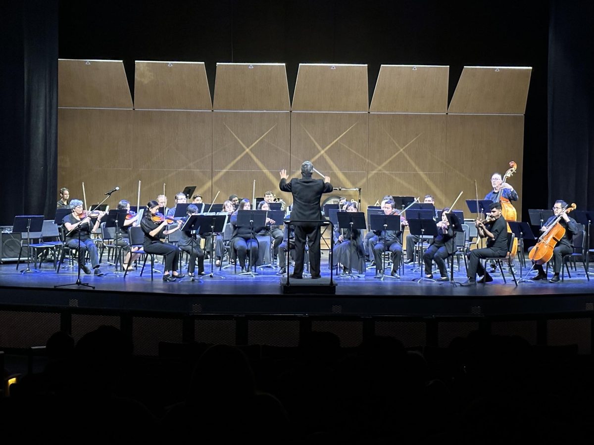 Orchestra playing their instruments during their performance with the conductor leading them. 
