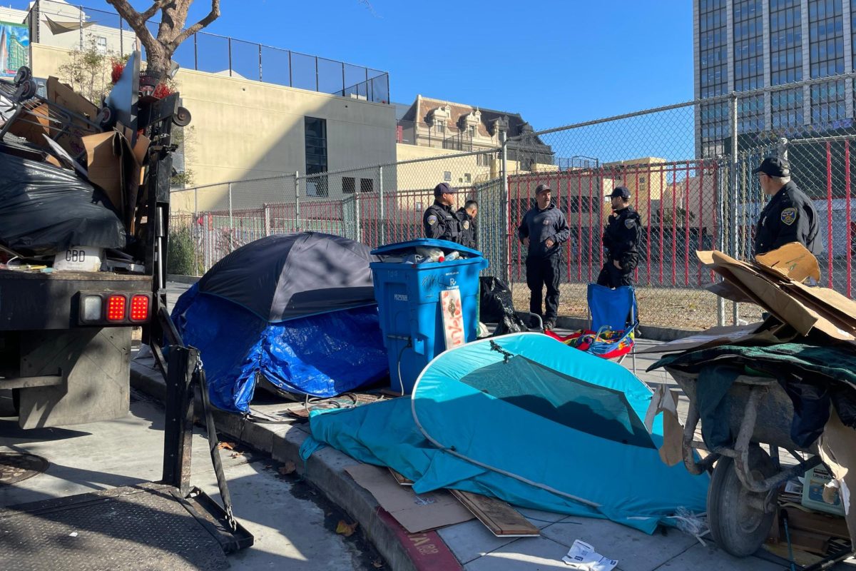 A small tent encampment on the sidewalk at Van Ness and Golden State Avenue. Photo credit: David Sjostedt & Justin Katigbak, The Standard