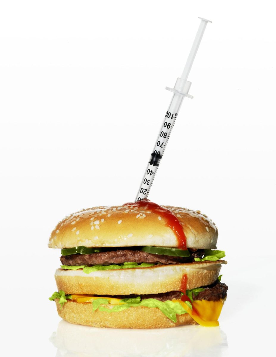 A Big Mac from McDonald’s with a medical syringe inserted inside the burger. 