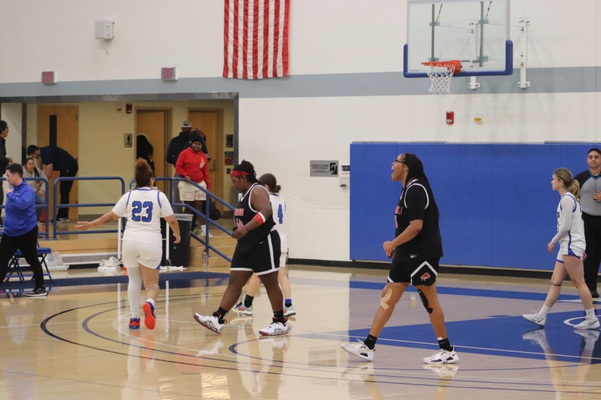 Los Angeles Pierce player shows great emotion after she helped her team beat Cerritos in overtime. 