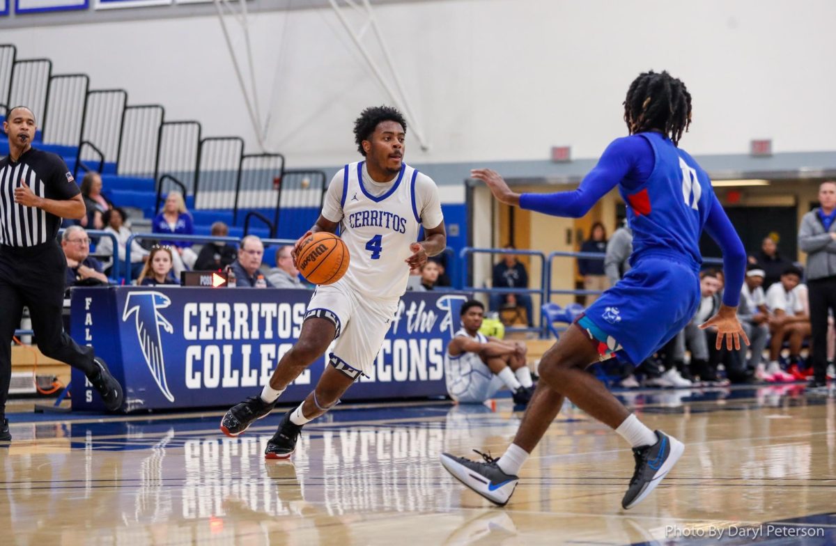 Miles Ceballos driving down court against LACC Cubs Photo credit: Daryl Peterson