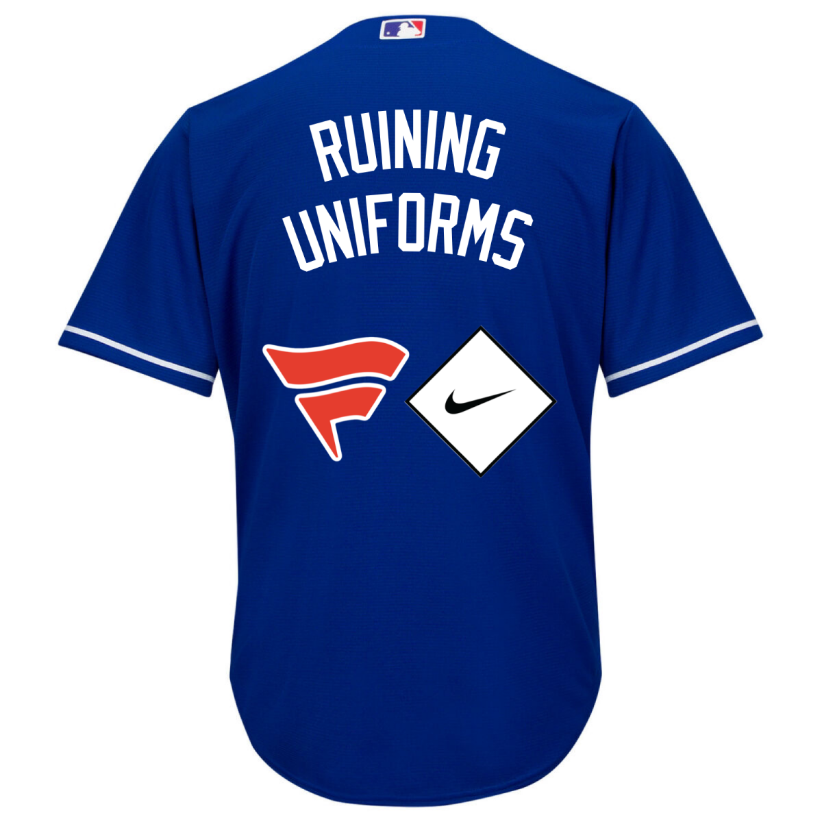 Blue Jays uniform with the writing “Ruining Uniforms” and the logos of Fanatics and Nike Baseball below it. 