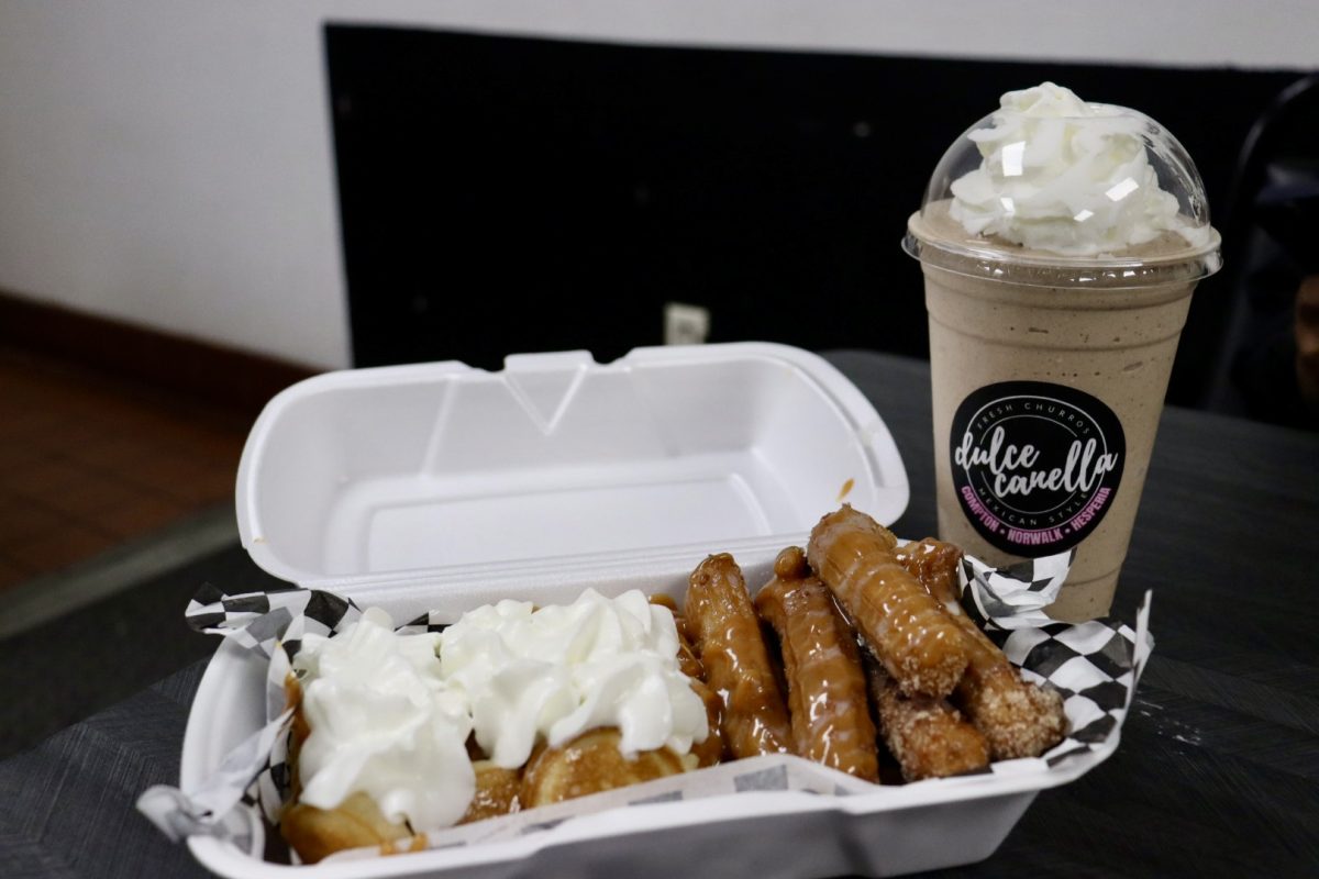 The Mini Combo which consists of 15 mini pancakes and six churros topped with cajeta (caramel), lechera (condensed milk) and whipped cream along with a cookies and cream milkshake on the side.