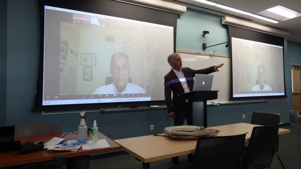 History professor, John Haas, introducing Israeli journalist Gideon Levy, in the LA Room 103, Feb. 28. 