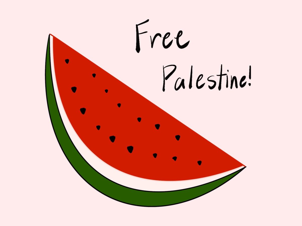Illustration+of+a+Watermelon%2C+a+symbol+of+Palestinian+solidarity%2C+with+the+phrase+Free+Palestine%21+Photo+credit%3A+Laura+Bernal