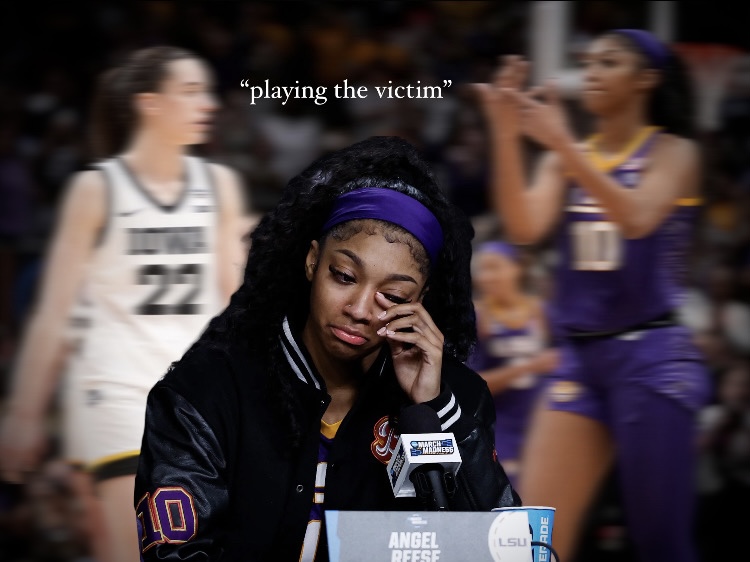 A graphic of Angel Reese getting emotional during her post game press conference after losing to Iowa in the March Madness tournament. 