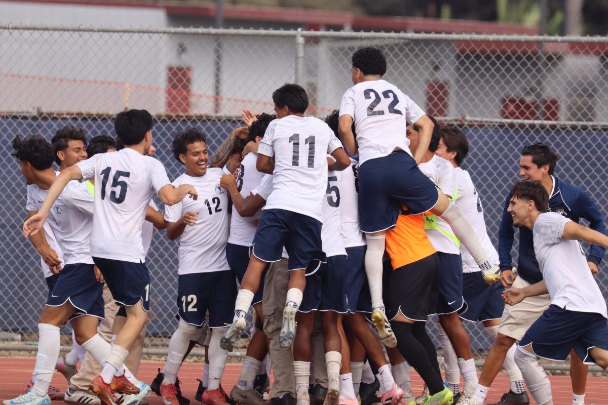 Falcons team in Jubilation after Henderson Figueroa goal to make it 4-0 at Tartar Track and Football Stadium in Compton on Oct. 11, 2025