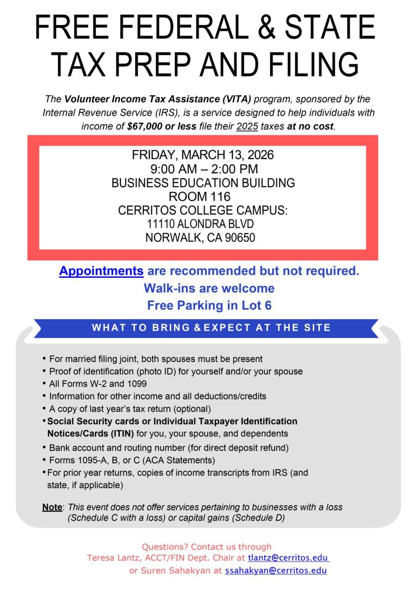 Cerritos College will host its annual Volunteer Income Tax Assistance event on March 13 from 9 a.m. to 2 p.m. in the Business Education Building, providing free tax preparation services for individuals and families earning $67,000 or less.
