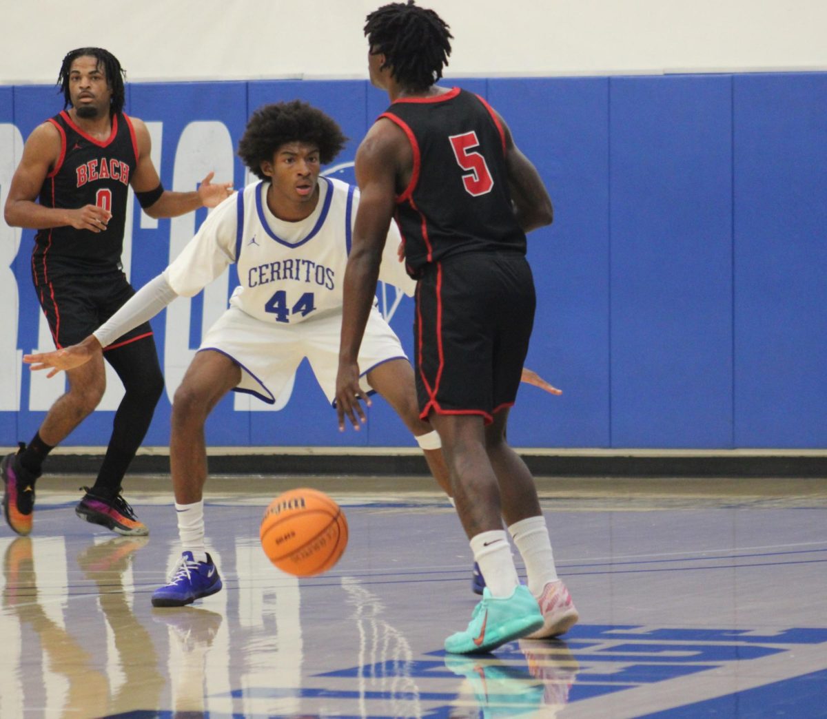 Cerritos guard Elijah Gelin in a defensive one-on-one position against Long Beach City guard Lawrence Brown in their conference match in The Aviary on Wednesday, Feb. 4. 2026.