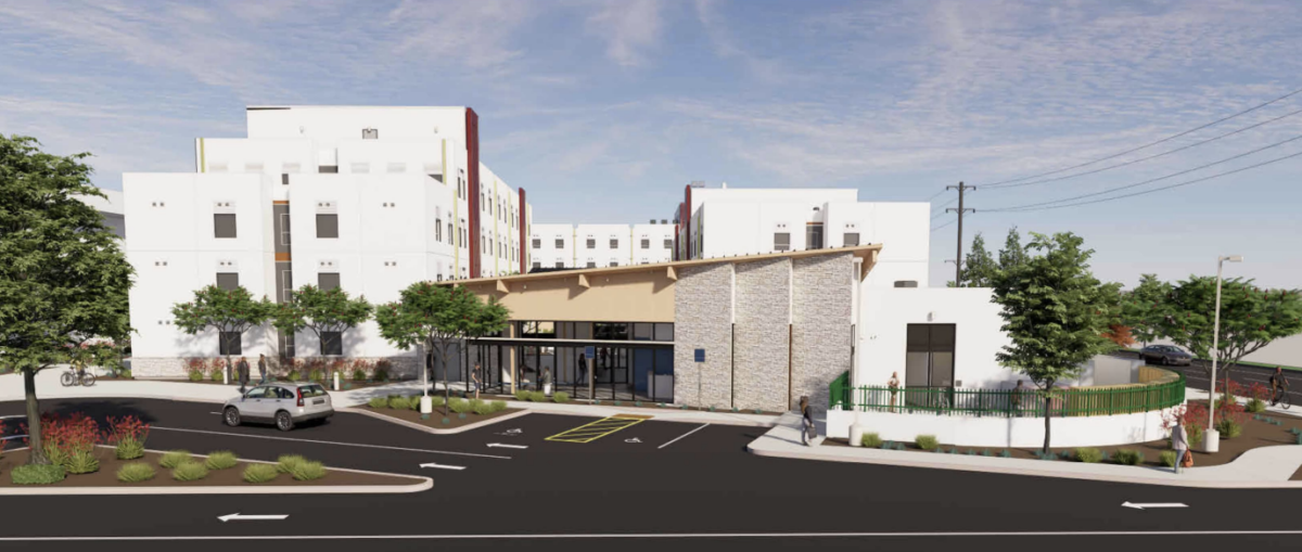 Architectural rendering showing the concept for the new Cerritos College student housing project. 