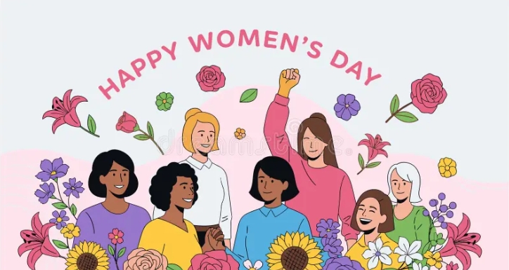 An illustration of seven women standing together among bright flowers captures themes of empowerment for Women’s Day.